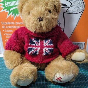 Harrods Knightsbridge Teddy Bear Plush Red Knit Sweater UK Flag 14 inch Used